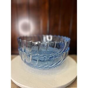 KIG Indonesia Vintage MCM Colonial Blue Glass Serving Bowls With Sunflower